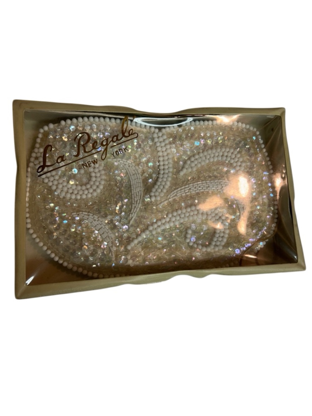 La Regale Iridescent Beaded Evening Clutch in White and Gold